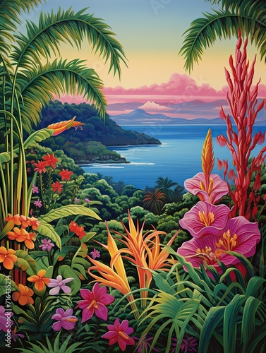 Tropical Island Horizons  Vibrant Flora in a Luxurious Garden Scene Art