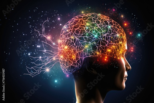 Brain, tapestry of polychromatic neurons, artistic conceptual visual mapping. Luminous thought sparkle, creating opalescent brilliance of whimsical creativity. Ingenious ideas, vibrant mind Carnival 