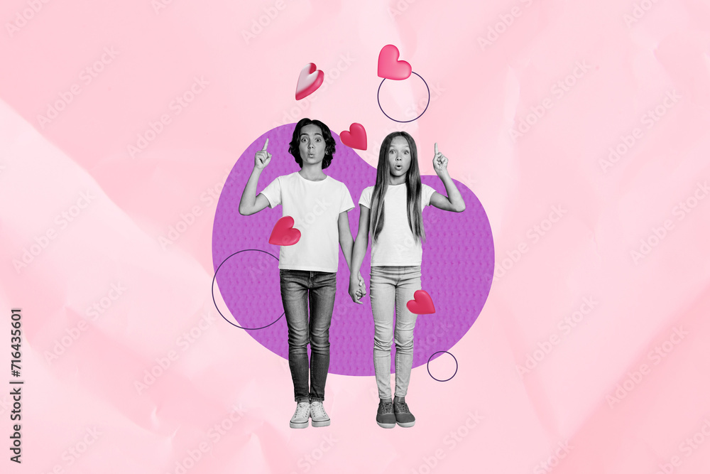 Horizontal photo collage of two teenager kids girl and boy hold hands first love sympathy valentine day surprised pointing fingers upwards Horizontal photo collage of two teenager kids girl and boy hold hands first love sympathy valentine day surprised pointing fingers upwards