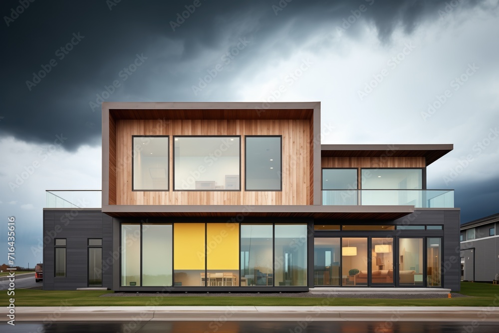prairie, storm clouds approaching, ribbon windows on dark facade prairie, storm clouds approaching, ribbon windows on dark facade