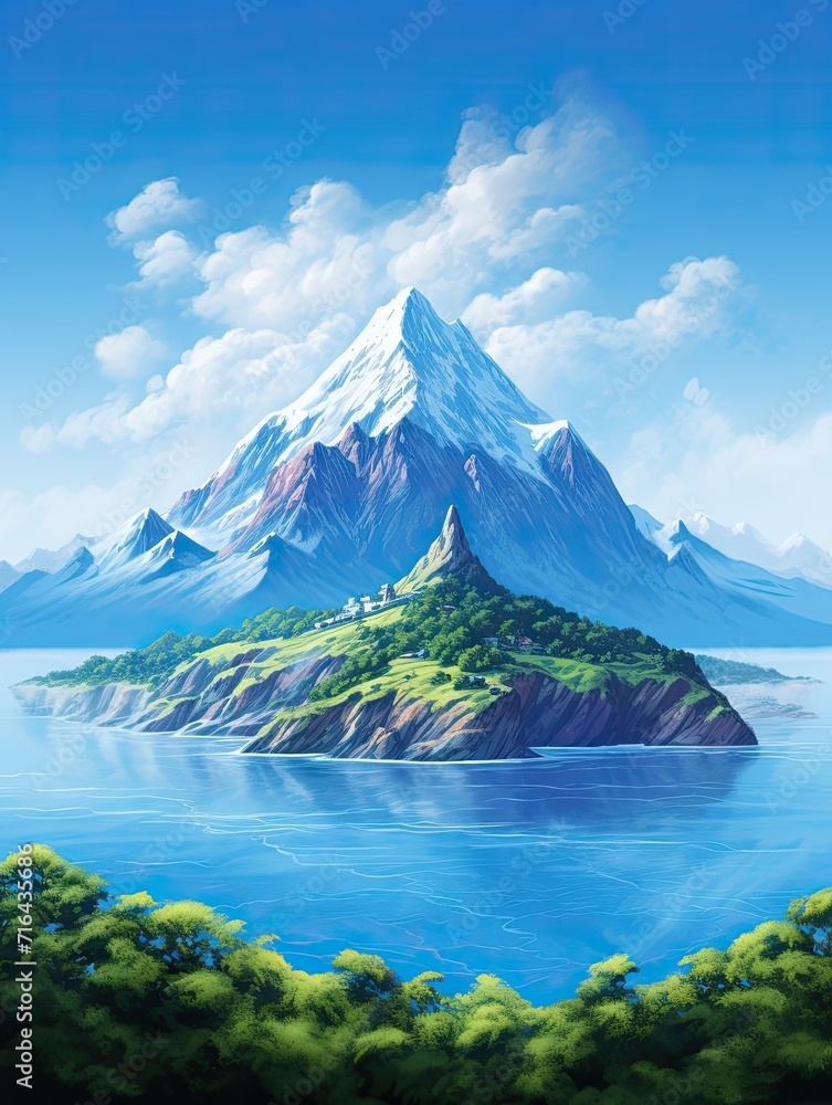 Tropical Island Horizons: Snow-Capped Mountain and Island Peak View