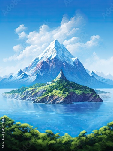 Tropical Island Horizons: Snow-Capped Mountain and Island Peak View