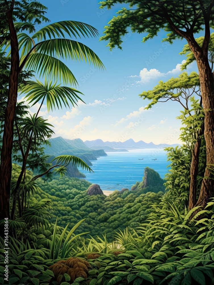 Tropical Island Horizons: Enchanting Tree Line Artwork Amidst Island Forest Edge