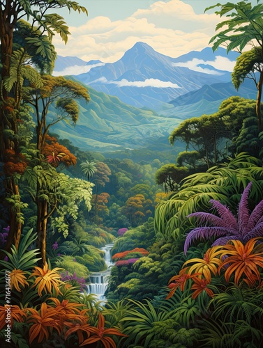 Tropical Jungle Wildlife: Mountain Landscape Art with Stunning Valley Scenery