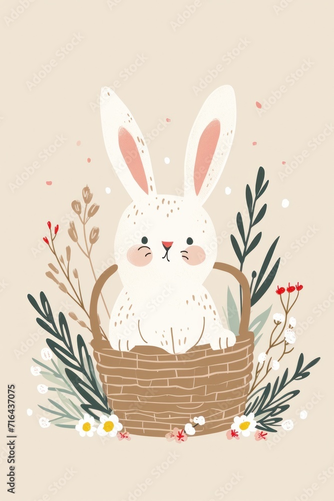 Bunny with a fluffy coat and a basket of vibrant spring blossoms. Bunny with a fluffy coat and a basket of vibrant spring blossoms.