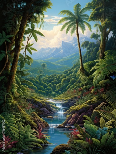 Tropical Jungle Wildlife Stream and Brook Wall Art  Scenic Vista Artwork