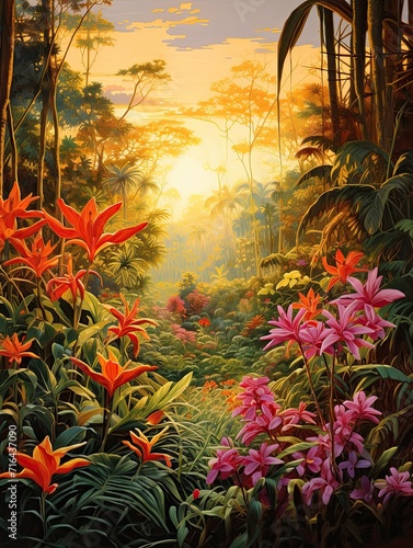 Golden Hour Art: Tropical Jungle Wildlife Sunset Painting