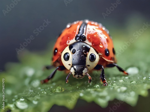 Ladybug on a green leaf with dew drops. Macro.