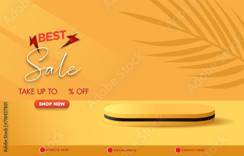 best sale template banner with blank space 3d podium for product sale with abstract gradient orange background design