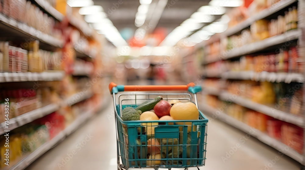 Shopping a grocery cart full of products inside a supermarket interior defocused out of focus