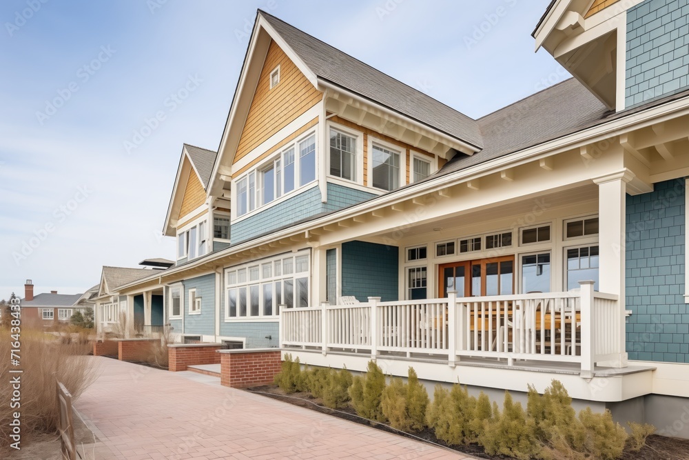 shingle style homes facade with cedar shakes and seafacing balcony