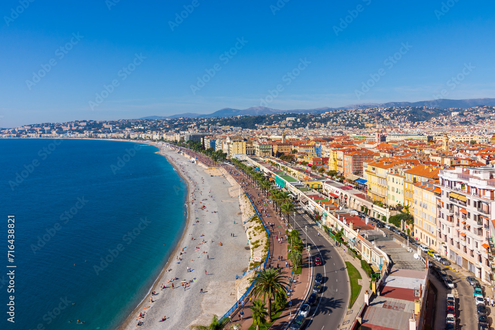 A view over the French city of Nice and the Promenade des Anglais, in the Provence region of the South of France.