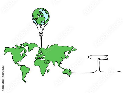 Color Map of planet Earth and light bulb with direction as line drawing on white