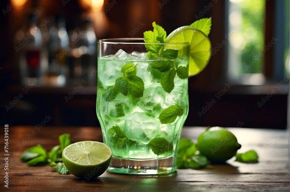Refreshing drink Mojito cocktail with lime and mint on a wooden table Refreshing drink Mojito cocktail with lime and mint on a wooden table