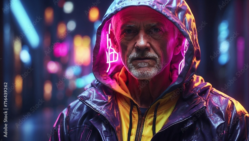 An old male man in neon outfit avant-garde futuristic design. Blurred glowing neon cyberpunk city as a background. An old male man in neon outfit avant-garde futuristic design. Blurred glowing neon cyberpunk city as a background.