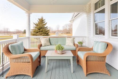 wicker furniture set on a wide veranda of shingle style house © studioworkstock