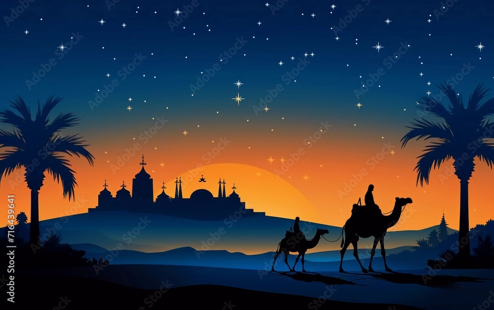 very beautiful illustration of a camel in the desert at night

