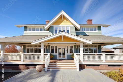 frontal view of a shingle style house with a veranda and dormer windows photo