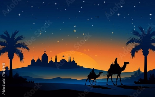 very beautiful illustration of a camel in the desert at night