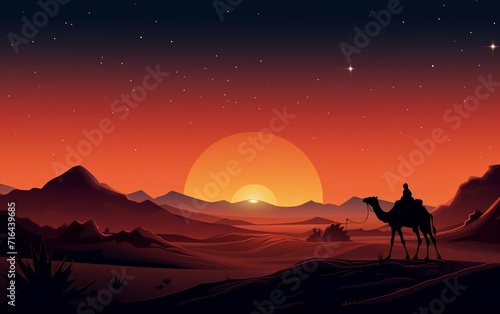 very beautiful illustration of a camel in the desert at night  