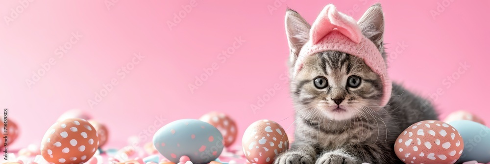  Easter Card Gray Cat Rabbit Costume, Banner Image For Website, Background, Desktop Wallpaper