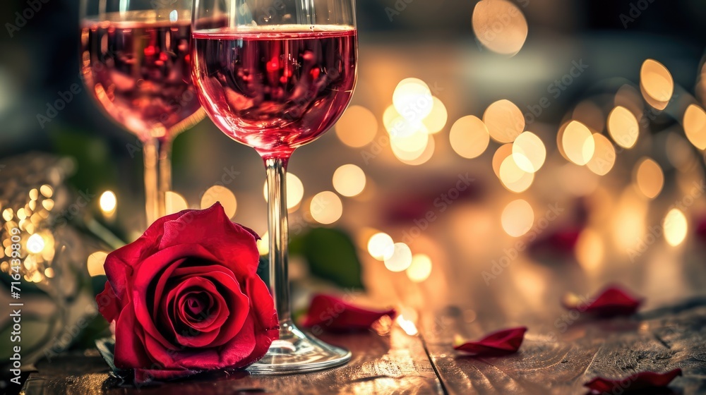 Romantic Dinner. Bouquet of flowers lying on the table, bunch of roses, two glasses of red wine on the wooden desk. Date concept Romantic Dinner. Bouquet of flowers lying on the table, bunch of roses, two glasses of red wine on the wooden desk. Date concept