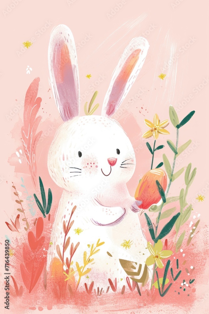 Cute bunny and festive eggs create a cheerful Easter atmosphere. Cute bunny and festive eggs create a cheerful Easter atmosphere.