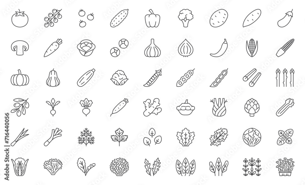 Vegetables line icon set. Tomato, cherry, cucumber, pepper, broccoli ...