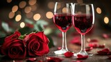 Romantic Dinner. Bouquet of flowers lying on the table, bunch of roses, two glasses of red wine on the wooden desk. Date concept