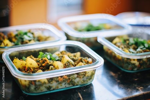 saag aloo meal prep in multiple containers photo
