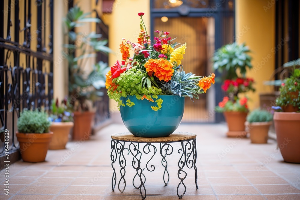 wrought iron plant stand with colorful flowers in a bright courtyard