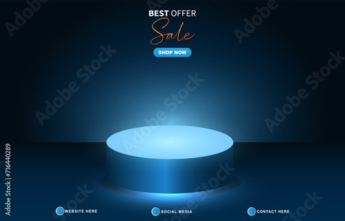 best offer sale discount template banner with blank space 3d podium for product sale with abstract gradient dark blue background design