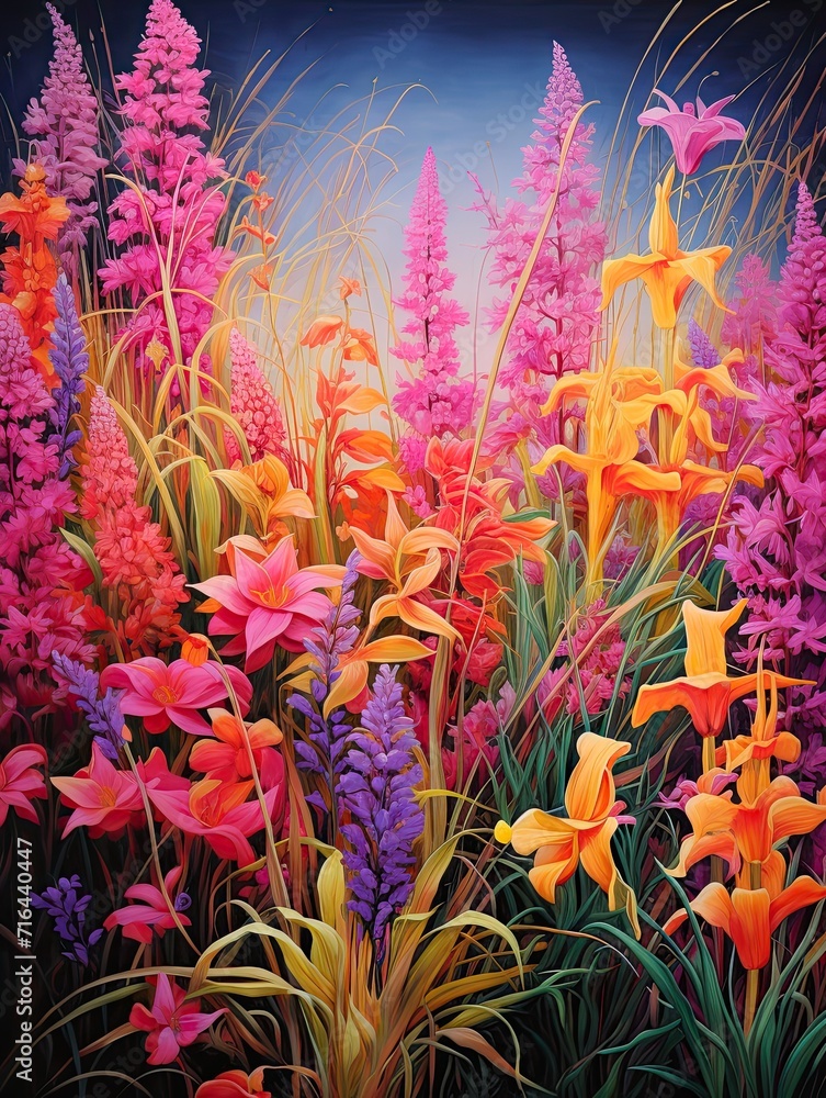 Vibrant Marshland Hues: Botanical Wall Art Showcasing Spectacular Plants and Flowers of Meadows