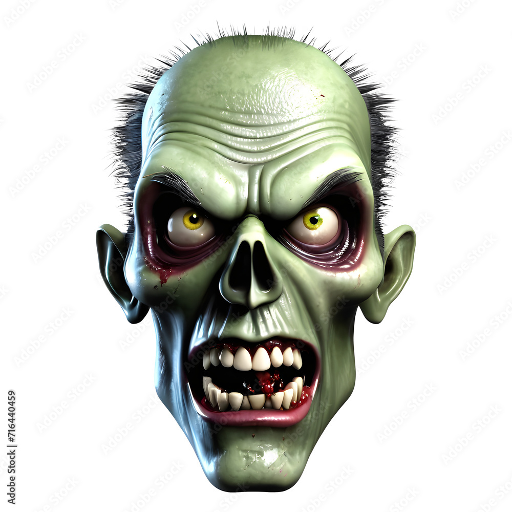 3d character Scary Zombie face, 3d rendering style in transparent background 3d character Scary Zombie face, 3d rendering style in transparent background