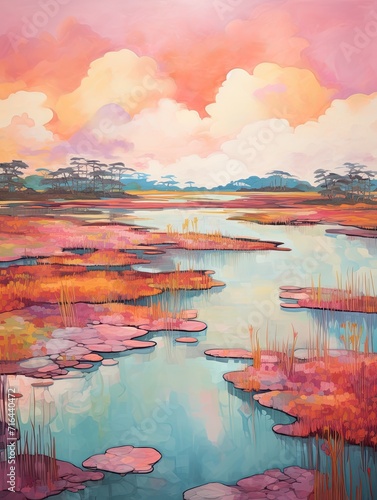 Vibrant Marshland Hues: Majestic Islands Embraced by Lush Marsh Waters