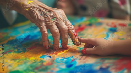 Tiny fingers trace weathered lines on a grandparent's hand, bridging the gap between ages through shared laughter and a colorful paintbrush. #716440661