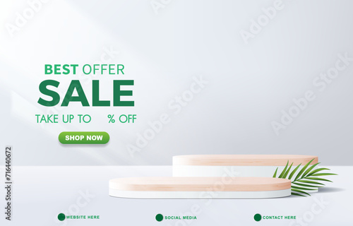best offer sale discount template banner with blank space 3d podium for product sale with abstract gradient white background design