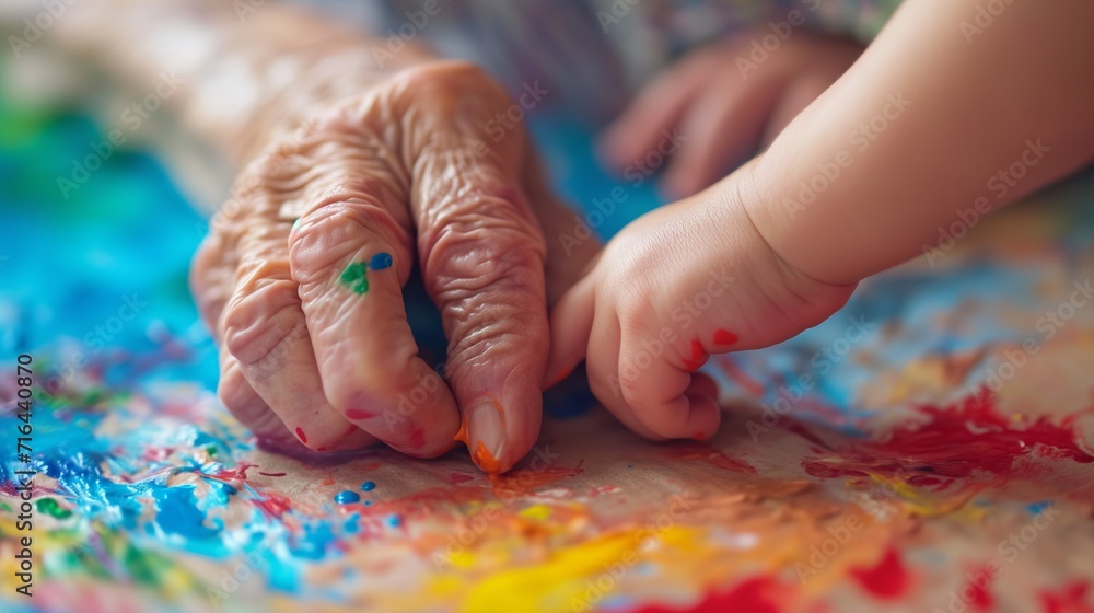 Tiny fingers trace weathered lines on a grandparent's hand, bridging the gap between ages through shared laughter and a colorful paintbrush. Tiny fingers trace weathered lines on a grandparent's hand, bridging the gap between ages through shared laughter and a colorful paintbrush.