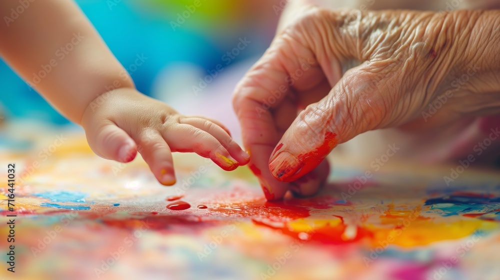 Tiny fingers trace weathered lines on a grandparent's hand, bridging the gap between ages through shared laughter and a colorful paintbrush. Tiny fingers trace weathered lines on a grandparent's hand, bridging the gap between ages through shared laughter and a colorful paintbrush.