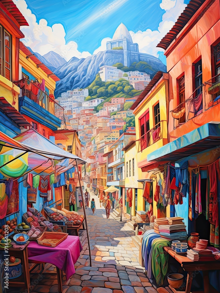 Fototapeta premium Vibrant South American Markets Wall Art: Colorful Stalls Print & Bustling Streets