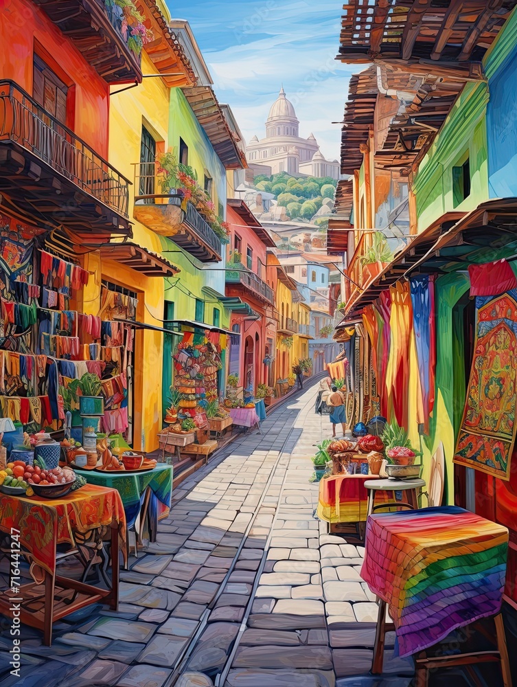Vibrant South American Markets Wall Art: Colorful Stalls Print on Bustling Streets
