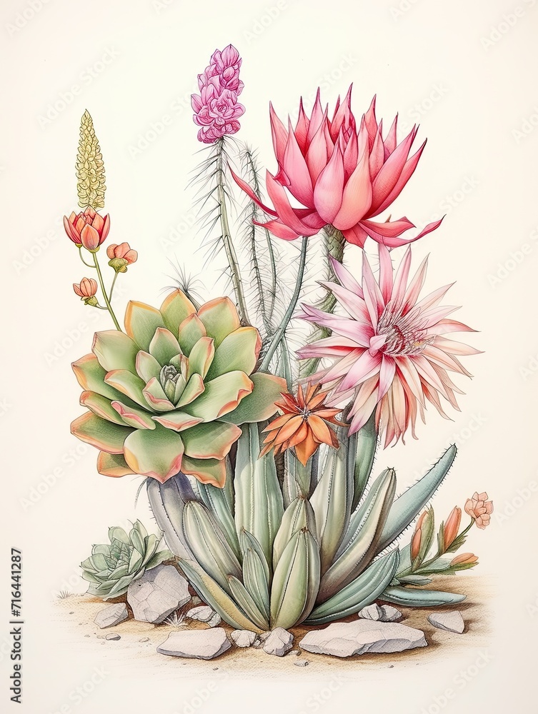 Obraz premium Vintage Botanical Sketches: A Desert Oasis of Succulent and Cacti Drawings
