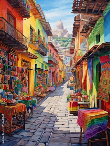 Vibrant South American Markets Wall Art  Colorful Stalls Print on Bustling Streets