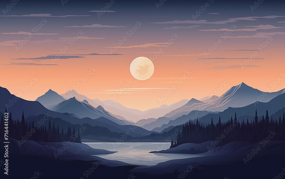 Beautiful flat natural landscape with mountains and moonlight, very beautiful view vector illustration Beautiful flat natural landscape with mountains and moonlight, very beautiful view vector illustration