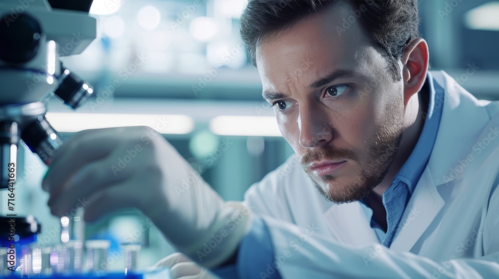 Research Scientist in Lab Coat Analyzing Specimen Under Microscope Research Scientist in Lab Coat Analyzing Specimen Under Microscope
