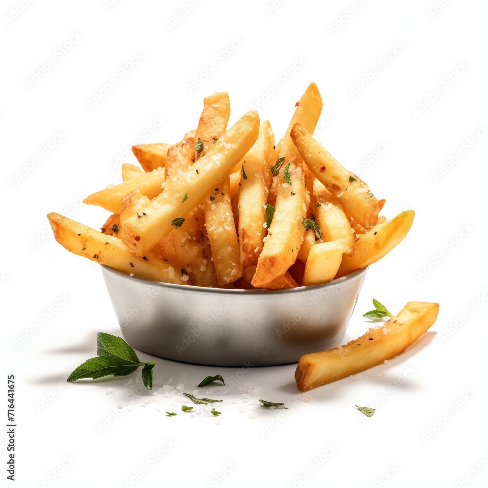 Metal Bowl Filled With French Fries on White Table Metal Bowl Filled With French Fries on White Table