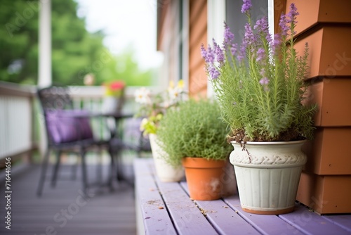 potted lavender and herbs on farmhouse porch  rustic charm