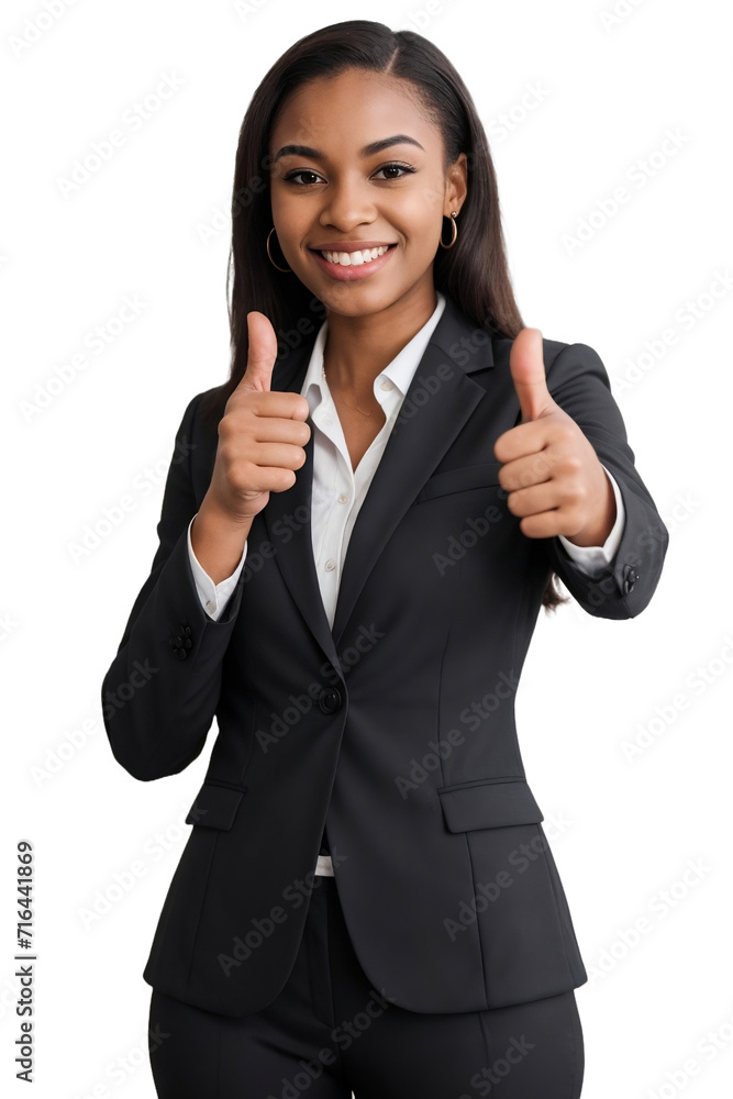A black businesswoman confidently smiling and giving a thumbs up, isolated, transparent background, no background. PNG. A black businesswoman confidently smiling and giving a thumbs up, isolated, transparent background, no background. PNG.