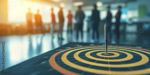 Businessman aims arrow at a virtual target dartboard, precision in setting objectives for business investments visualizes strategic approach to achieving goals and hitting targets in business.