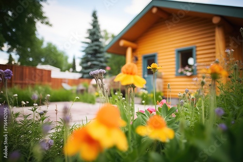 summertime view of a log cabin with a blooming garden